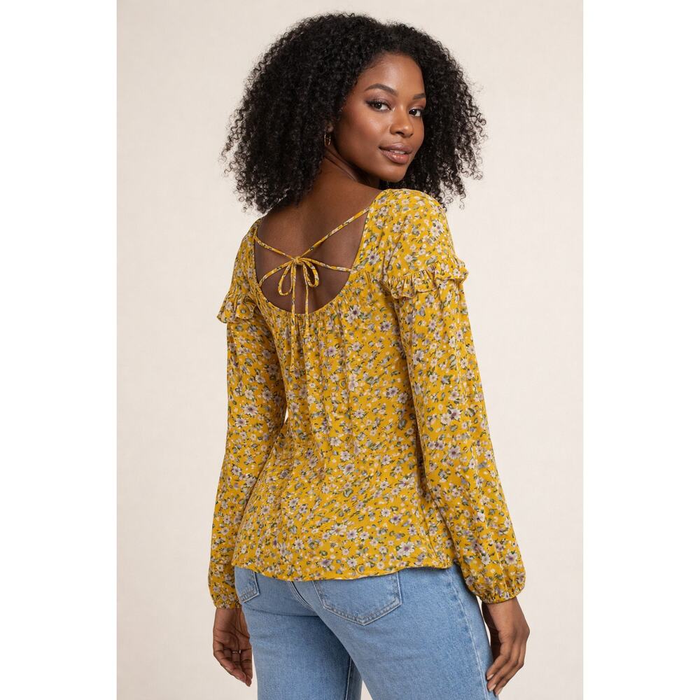 NWT Easel Floral Peasant Blouse Mustard Yellow Size M